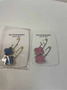 Rhinestone Clover Pin Brooch Set in Blue and Pink 2-Sets